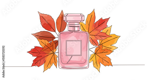 Pink perfume bottle with autumn leaves for cosmetics and fragrance stores – fall-themed one line doodle drawing with watercolor fill, minimalistic vector illustration on white background

