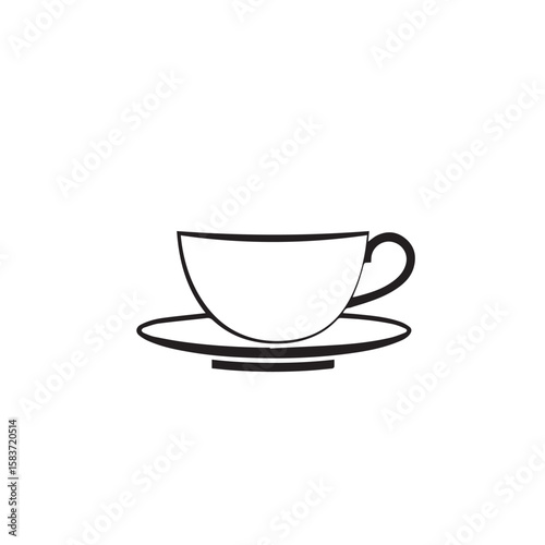 Simple black line drawing of a coffee cup and saucer on a white background