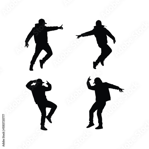 Four Silhouettes of Hip Hop Dancers in Dynamic Poses Streetwear Fashion Urban Dance