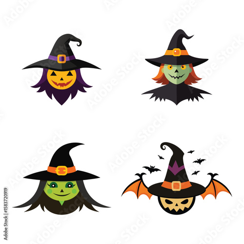 Four spooky halloween witch faces with hats and bats