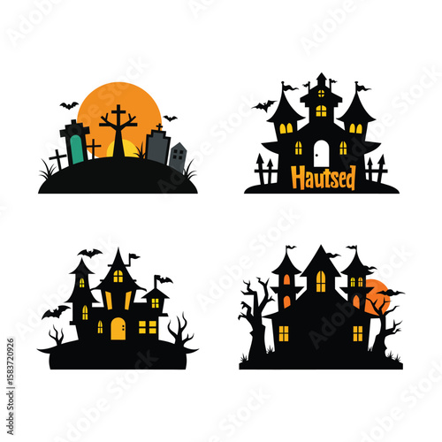 Four spooky halloween scenes featuring haunted houses and cemeteries