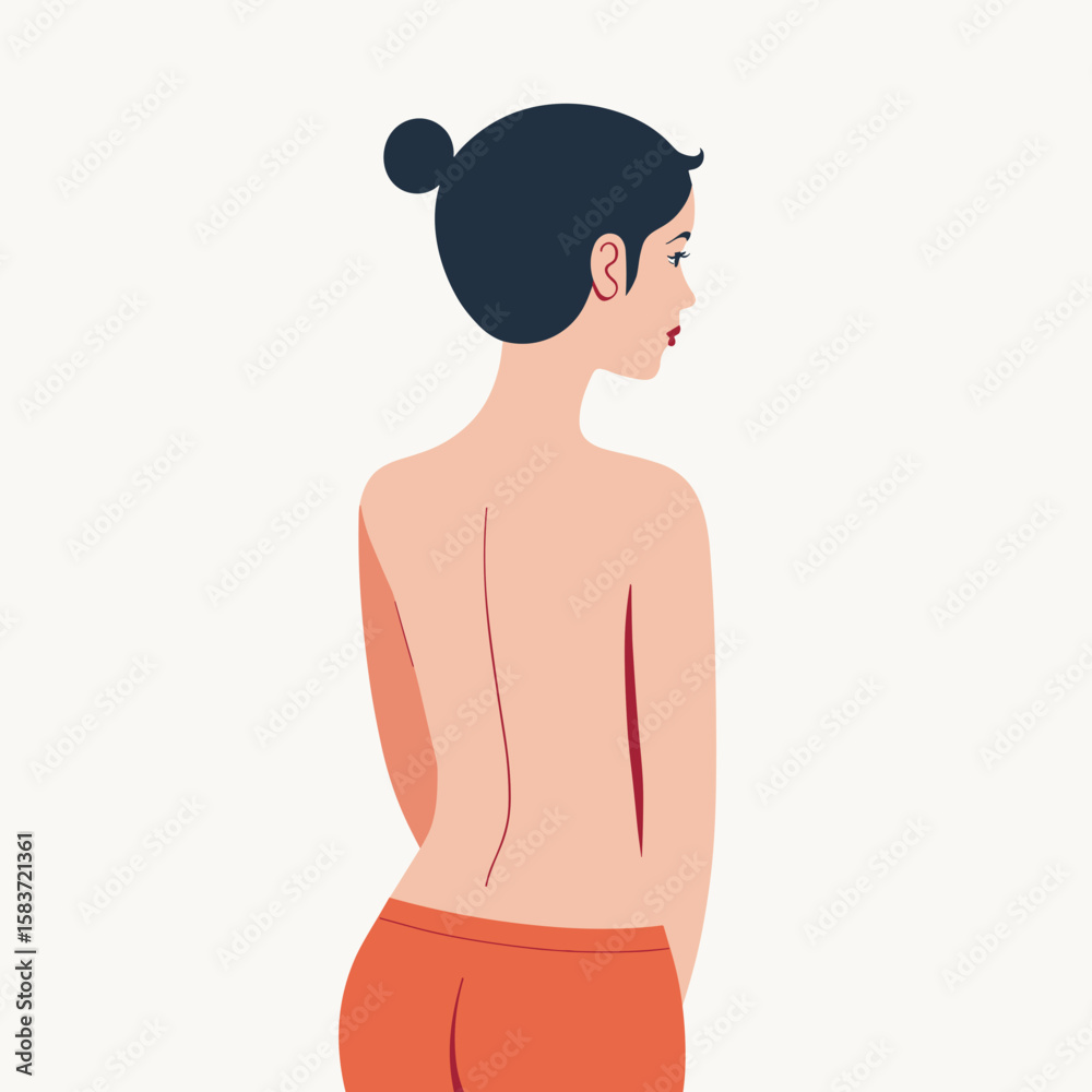 Fototapeta premium Young woman with bare back standing sideways in a neutral background 