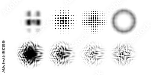 Circle halftone collection. Circular dotted frames set. Dots circle texture. Round black halftones geometric dots gradient. eps 10