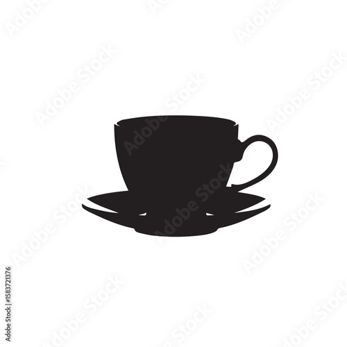 Simple black silhouette of a coffee cup and saucer on white background