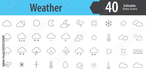 Weather Line Icons, Sun, Cloud, Rain, Snowflake, Lightning Bolt, Editable Formats: AI, EPS, PNG, Ideal for Both UI and Print Media Use
