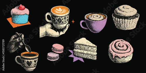 Trendy Retro Halftone Collage Vector Set, Hands Holding Coffee Cups, Hot Beverages, Desserts and Pastries in Cutout Zine Aesthetic for Modern retro vector illustration for mixed media.