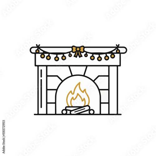 Cozy fireplace adorned with festive garland and ribbon creating warm holiday atmosphere.