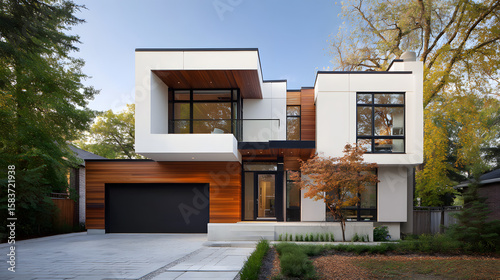 Exquisite contemporary house with clean lines, wood cladding, and large windows nestled among autumn trees