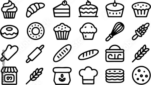 Charming Bakery Items Vector Icon Set featuring bread, cake, rolling pin, oven mitts, whisk, cupcake, croissant, and dough—perfect for food, cafe, and recipe use.

