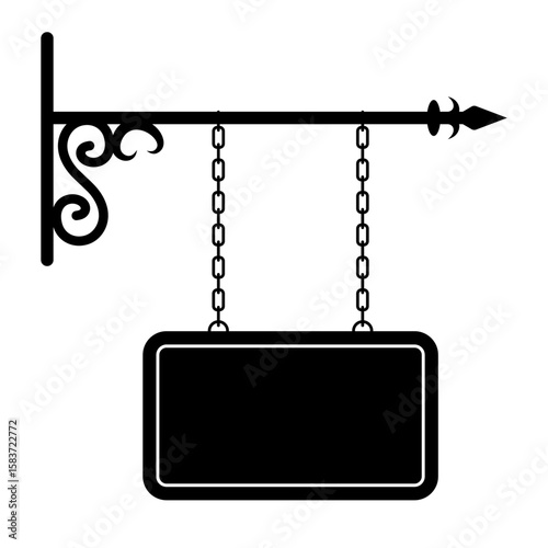 Vintage Hanging Signboard with Decorative Iron Bracket Vector Illustration. A classic hanging signboard suspended by two vertical chains from a horizontal ornamental iron bracket.