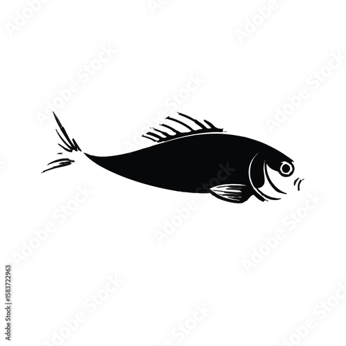 Stylized black silhouette of a fish swimming with a white background