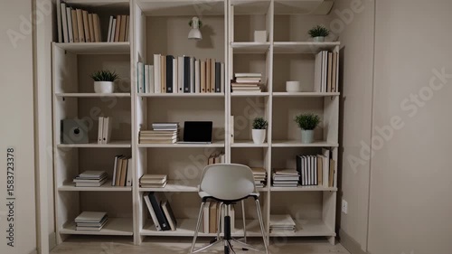 Serene Library Space: Capture the essence of a tranquil home library with a built-in bookcase filled with books and decor, complemented by a minimalist chair
