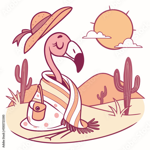 Charming SVG of a Cheerful Flamingo featuring wrapped in a blanket, styled in a Desert sunset theme with Sundown Glow hues