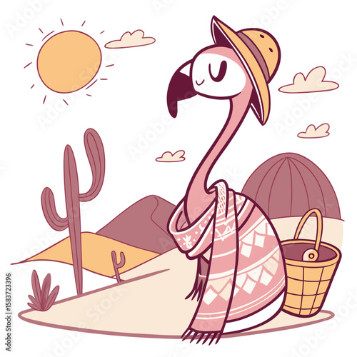Charming SVG of a Cheerful Flamingo featuring wrapped in a blanket, styled in a Desert sunset theme with Sundown Glow hues
