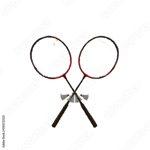Two crossed badminton rackets with shuttlecocks on a white background