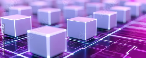 Rows of glowing, futuristic cubes arranged on a digital grid, showcasing advanced technology and abstract data concepts with a vibrant purple and blue color scheme.