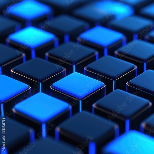 Close-up of blue and black illuminated square keys arranged in a grid, creating a futuristic and high-tech visual effect.