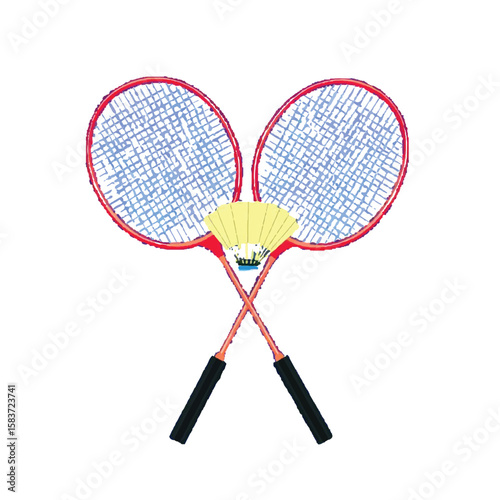 Two crossed badminton rackets with a shuttlecock in the center