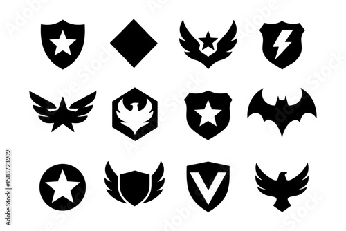 Set of iconic superhero emblems and shield designs in black silhouette style