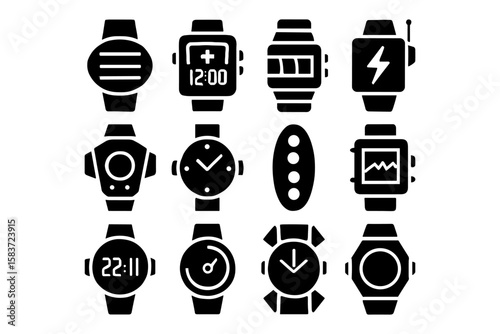 Collection of stylized smartwatch icons in bold silhouette design
