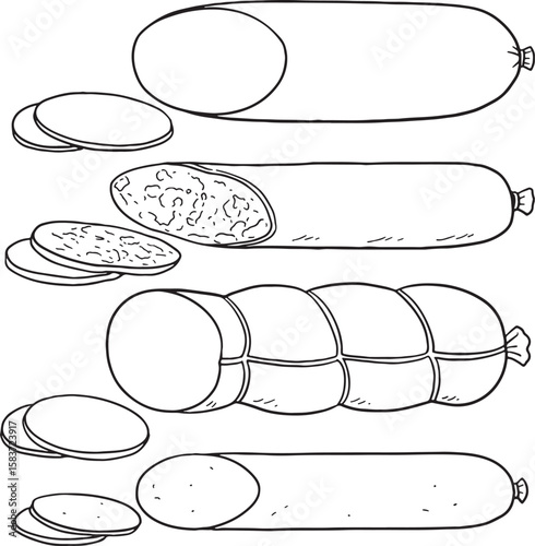 Hand-drawn vector illustration set of various whole and sliced sausages, including ham and different types of cured meat. Ideal for butcher shop designs, deli menus, or any food-related projects.