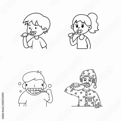 Brushing teeth black and white illustration.