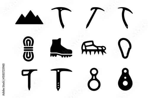 Silhouette icons of mountaineering equipment: ice ax, crampons, and more for adventure enthusiasts
