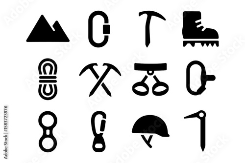 Essential climbing gear icons: simple black outdoor adventure symbols