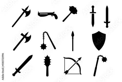 Medieval weapons set with black silhouettes for vintage design