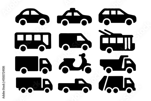 Silhouette icons of various vehicles: car, bus, truck, and more