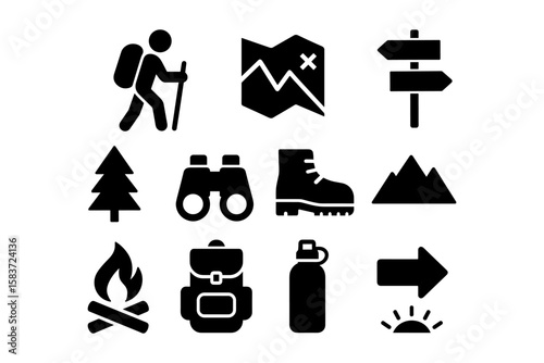Outdoor adventure icons set for hiking and camping enthusiasts