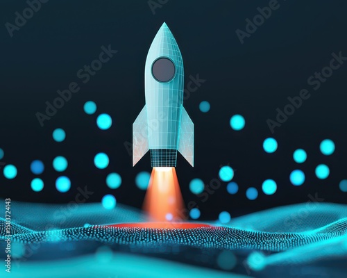 A digital three-dimensional rocket taking off above a futuristic, glowing landscape with blue and orange light effects, symbolizing innovation and technology.