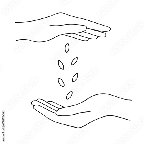 Hands Sowing Seeds Minimalist Line Art Illustration of Planting and Growth Concept