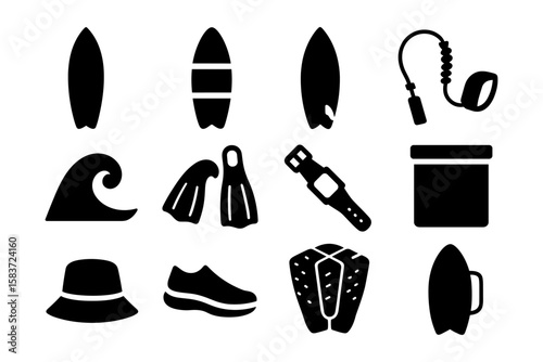 Surfing gear silhouettes including boards, fins, watches, and accessories