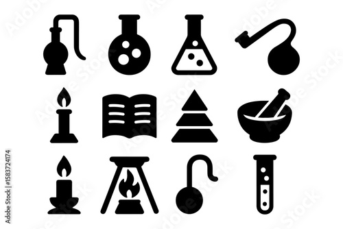 Alchemy icons collection: vintage laboratory tools and symbols in black silhouette