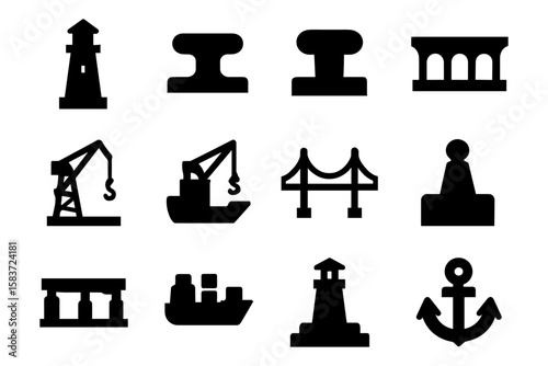 Silhouette maritime icons: lighthouse, ship, anchor, and harbor symbols