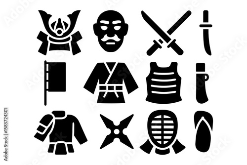 Japanese martial arts elements set: samurai, ninja, swords, and armor icons