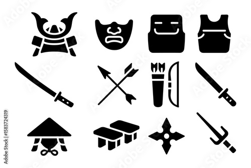Black icons of japanese martial arts gear and symbols