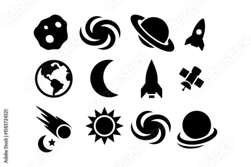 Silhouette space icons: planets, rockets, asteroids, and more