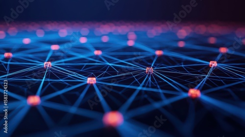 A digital network visualization with interconnected nodes and glowing lines representing data flow or communication in a futuristic layout.