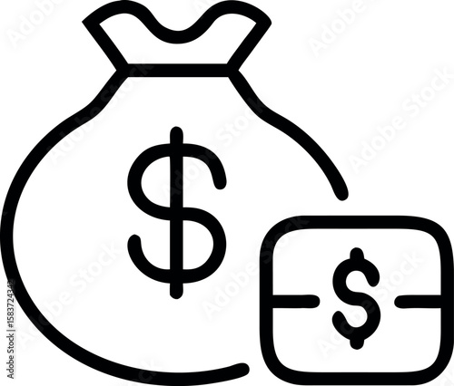 A minimalist line shows moneybag and card icon emphasizing financial resources on transparent background