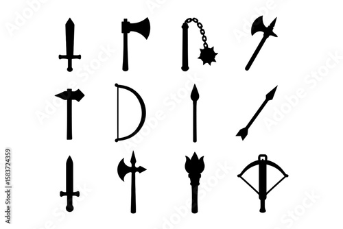 Silhouette medieval weapons collection: swords, axes, and more