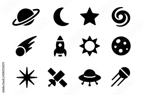 Minimalist space icons set featuring planets, rockets, and celestial bodies