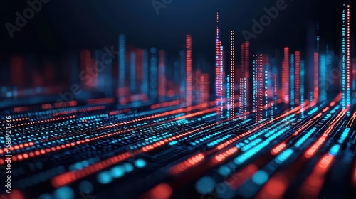 A futuristic digital cityscape made of glowing blue and red light lines and dots on a dark background, resembling data streams and network connections.