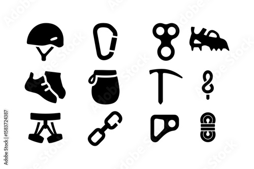 Rock climbing gear icon set: helmet, carabiner, shoes, chalk bag, and more