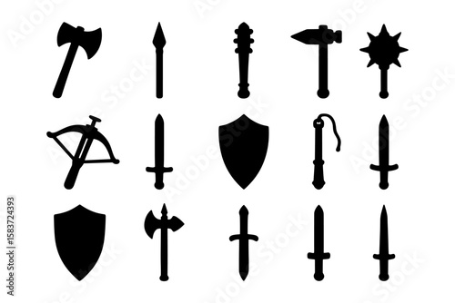 Silhouette medieval weapons set: axes, swords, and shields