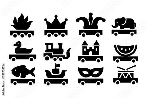 Silhouette festival parade icons: toys, masks, and crowns on wheels