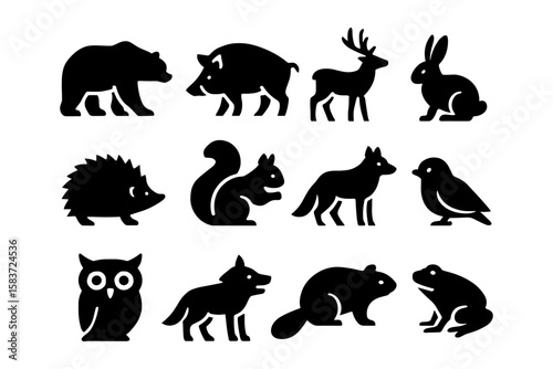 Silhouette wildlife icons set: bear, deer, owl, squirrel, boar, bird, fox, rabbit, hedgehog, frog, beaver