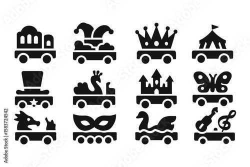 Circus parade icons: playful silhouette carnival float designs for creative projects
