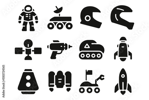Space icons set: astronaut, rover, satellite, helmet, rocket in silhouette style